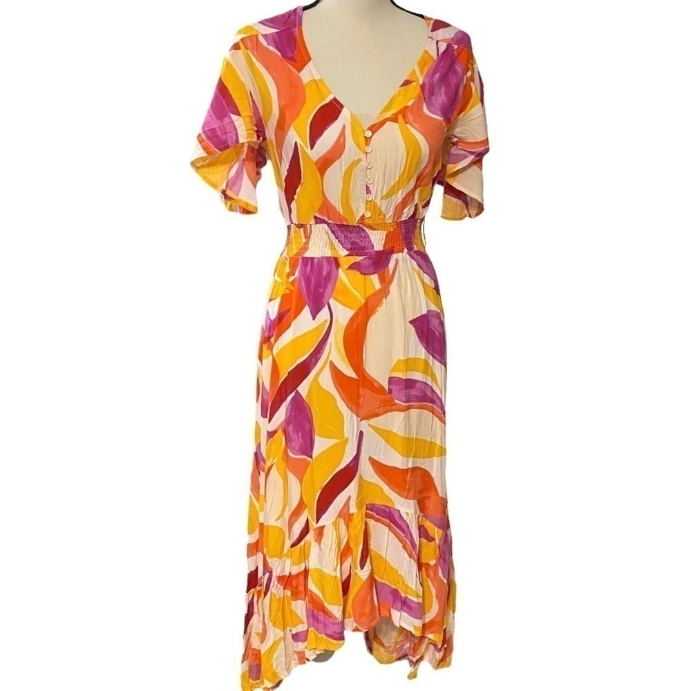 Abel the Label Womens XS‎ Abstract Leaf Print Smocked Midi Dress Orange Pink New